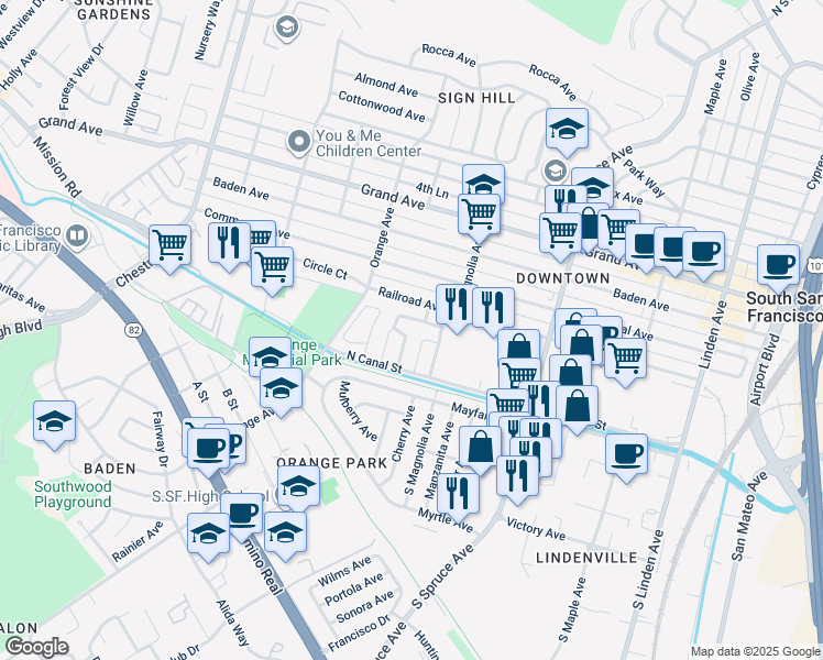map of restaurants, bars, coffee shops, grocery stores, and more near 56 Mahogany Drive in South San Francisco