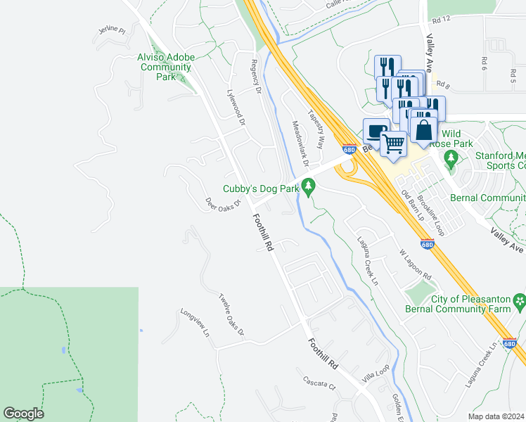 map of restaurants, bars, coffee shops, grocery stores, and more near 7814 Bernal Avenue in Pleasanton