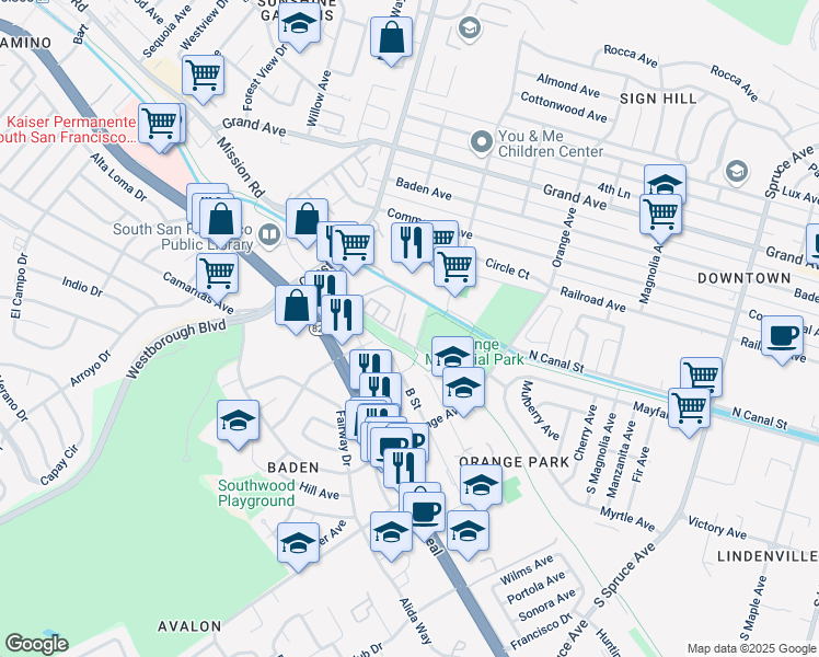 map of restaurants, bars, coffee shops, grocery stores, and more near 812 Antoinette Lane in South San Francisco
