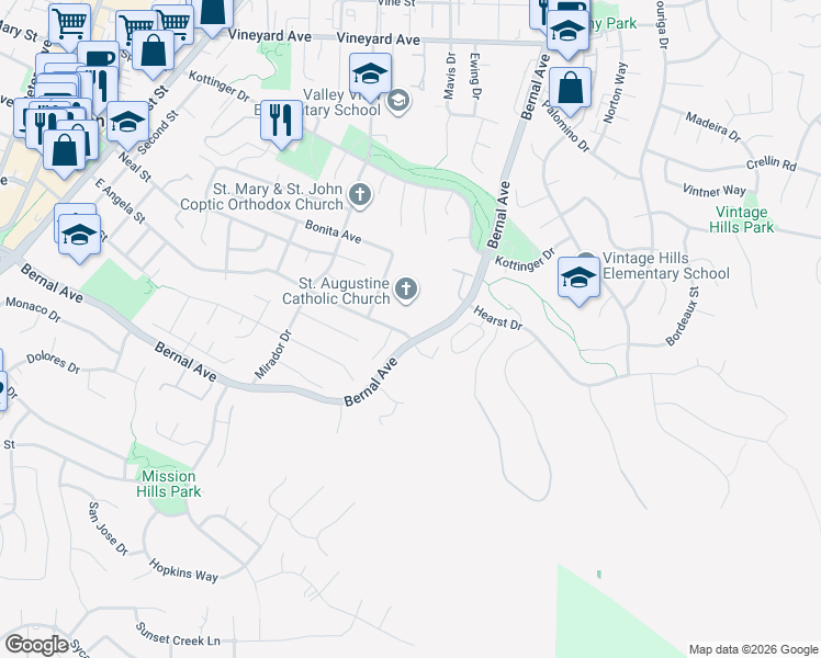 map of restaurants, bars, coffee shops, grocery stores, and more near 3999 Bernal Avenue in Pleasanton