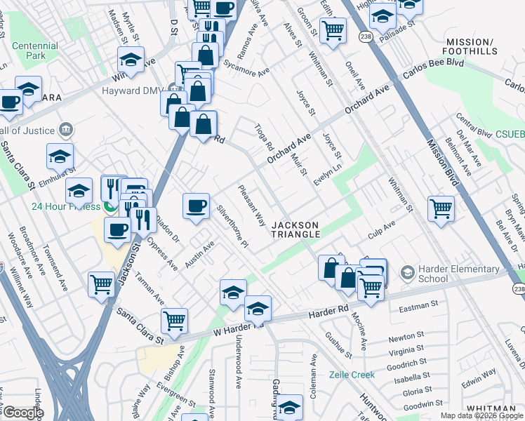 map of restaurants, bars, coffee shops, grocery stores, and more near 25001 Fuji Way in Hayward