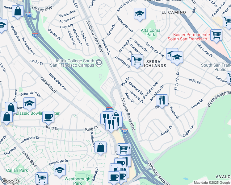 map of restaurants, bars, coffee shops, grocery stores, and more near 500 King Drive in Daly City