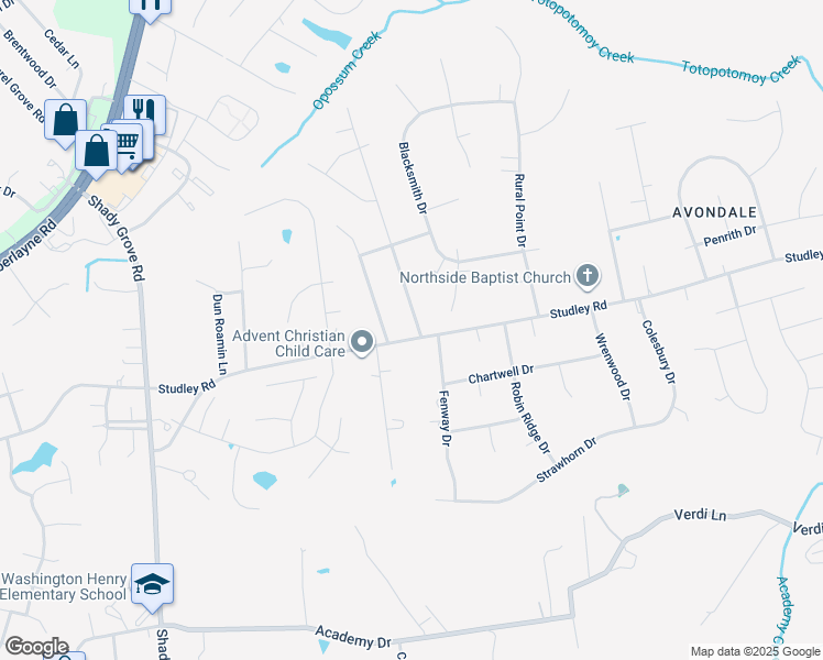 map of restaurants, bars, coffee shops, grocery stores, and more near 9183 Swannanoa Trail in Mechanicsville