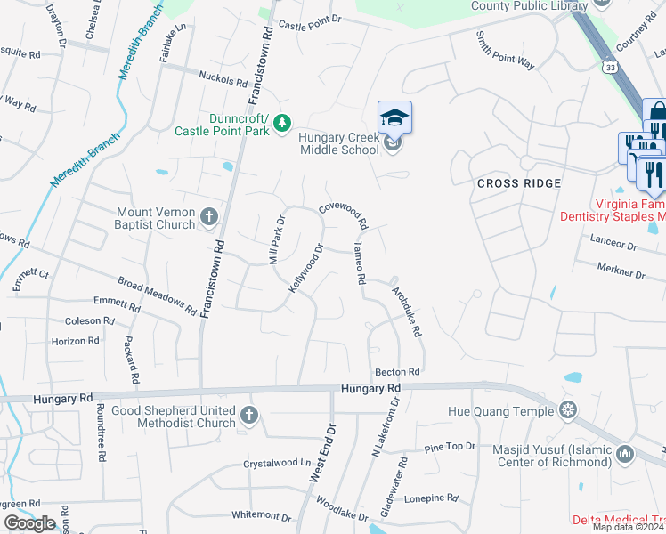 map of restaurants, bars, coffee shops, grocery stores, and more near 4814 Mill Park Court in Glen Allen