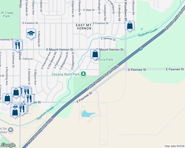 map of restaurants, bars, coffee shops, grocery stores, and more near 5935 Bellaire Street in Wichita