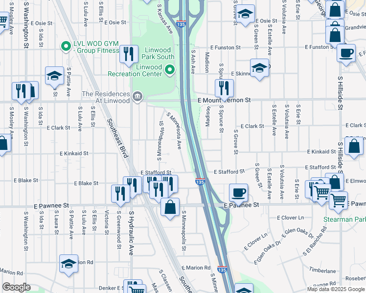 map of restaurants, bars, coffee shops, grocery stores, and more near 2000-2098 East Hodson Street in Wichita