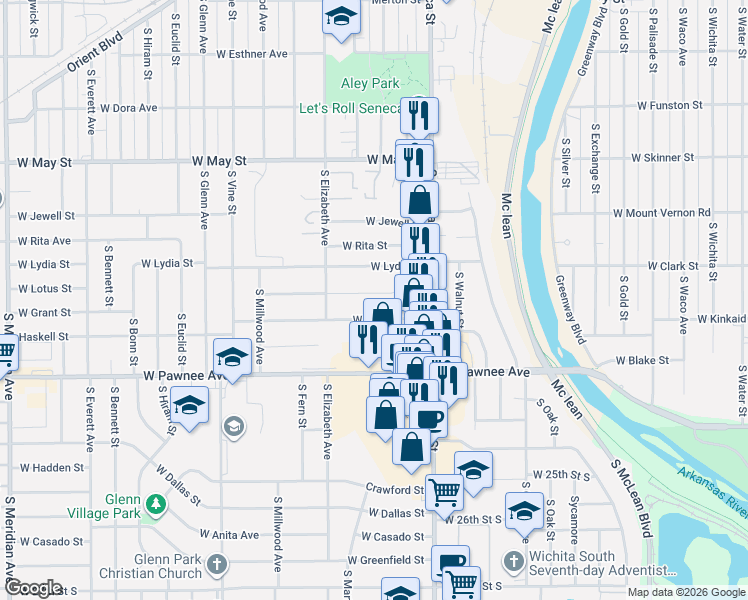 map of restaurants, bars, coffee shops, grocery stores, and more near 1313 West Lydia Street in Wichita