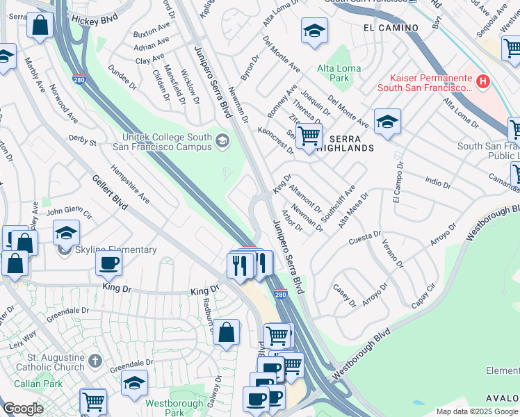 map of restaurants, bars, coffee shops, grocery stores, and more near 501 King Drive in Daly City