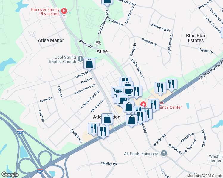 map of restaurants, bars, coffee shops, grocery stores, and more near 8031 Ellendale Drive in Mechanicsville