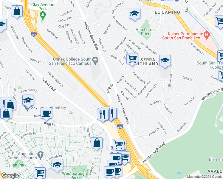 map of restaurants, bars, coffee shops, grocery stores, and more near 501 King Drive in Daly City