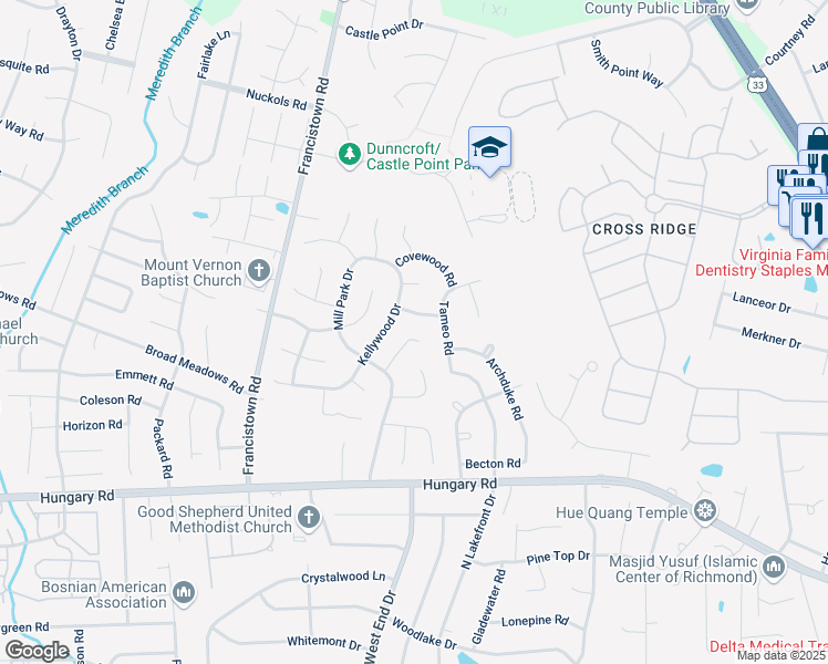 map of restaurants, bars, coffee shops, grocery stores, and more near 4814 Mill Park Court in Glen Allen
