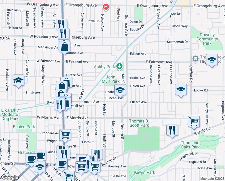map of restaurants, bars, coffee shops, grocery stores, and more near 509 Chabot Avenue in Modesto