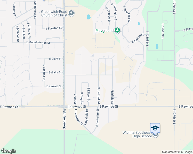 map of restaurants, bars, coffee shops, grocery stores, and more near 11600-11698 East Bellaire Street in Wichita