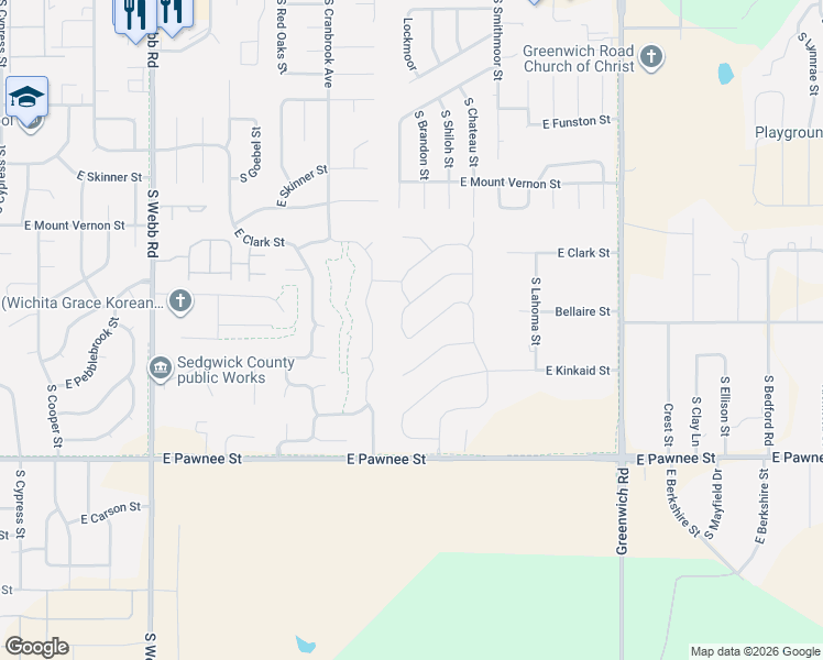 map of restaurants, bars, coffee shops, grocery stores, and more near 2201 South Cranbrook Street in Wichita