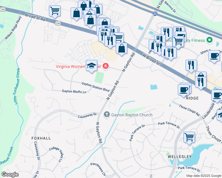 map of restaurants, bars, coffee shops, grocery stores, and more near 12200 Gayton Station Boulevard in Richmond