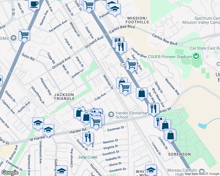 map of restaurants, bars, coffee shops, grocery stores, and more near 25539 Whitman Street in Hayward