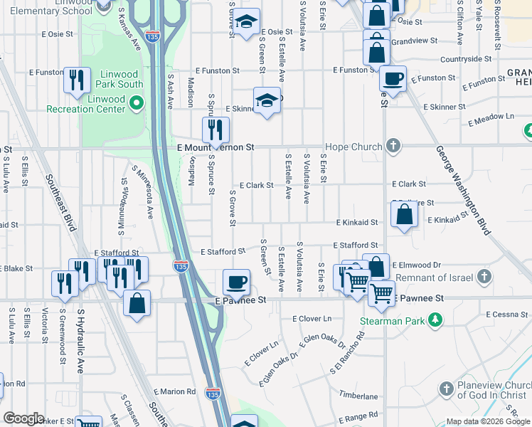 map of restaurants, bars, coffee shops, grocery stores, and more near 2134 Poplar Street in Wichita