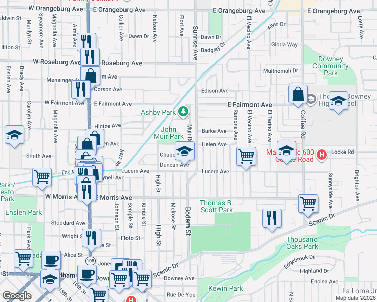 map of restaurants, bars, coffee shops, grocery stores, and more near 616 Helen Avenue in Modesto