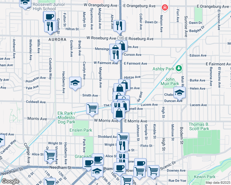 map of restaurants, bars, coffee shops, grocery stores, and more near 605 Geer Court in Modesto