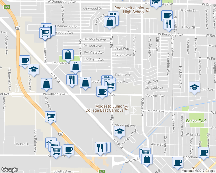 map of restaurants, bars, coffee shops, grocery stores, and more near in Modesto