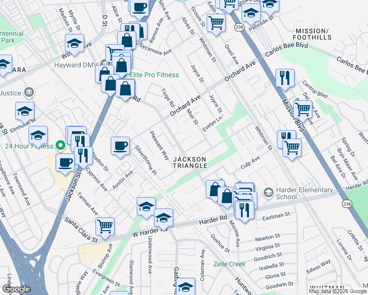 map of restaurants, bars, coffee shops, grocery stores, and more near 311 Ambrose Court in Hayward