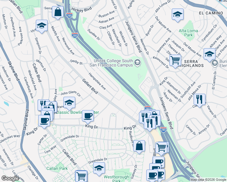 map of restaurants, bars, coffee shops, grocery stores, and more near 399 Barbara Lane in Daly City