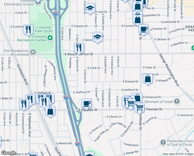 map of restaurants, bars, coffee shops, grocery stores, and more near 2134 Poplar Street in Wichita