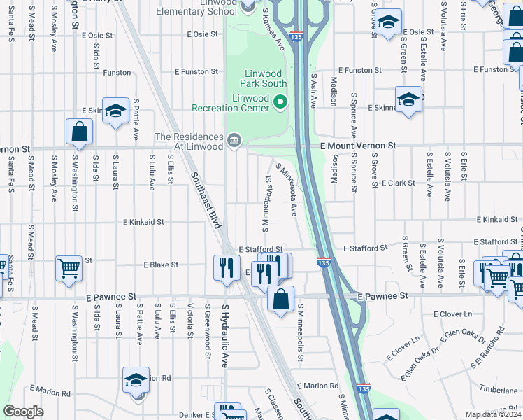 map of restaurants, bars, coffee shops, grocery stores, and more near 2156 South Kansas Street in Wichita