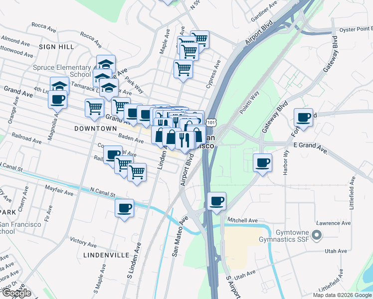 map of restaurants, bars, coffee shops, grocery stores, and more near 207 Grand Avenue in South San Francisco