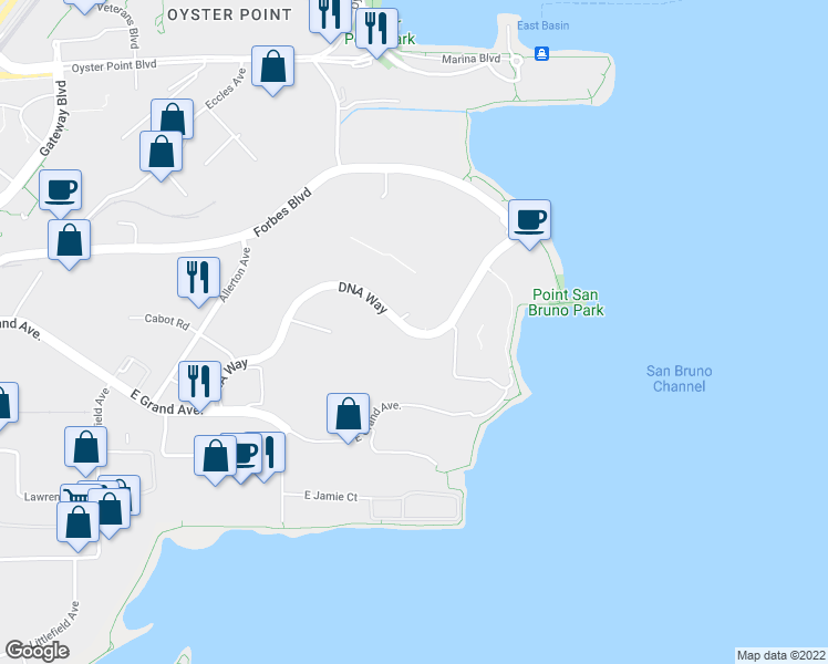 map of restaurants, bars, coffee shops, grocery stores, and more near 1541 Grandview Drive in South San Francisco
