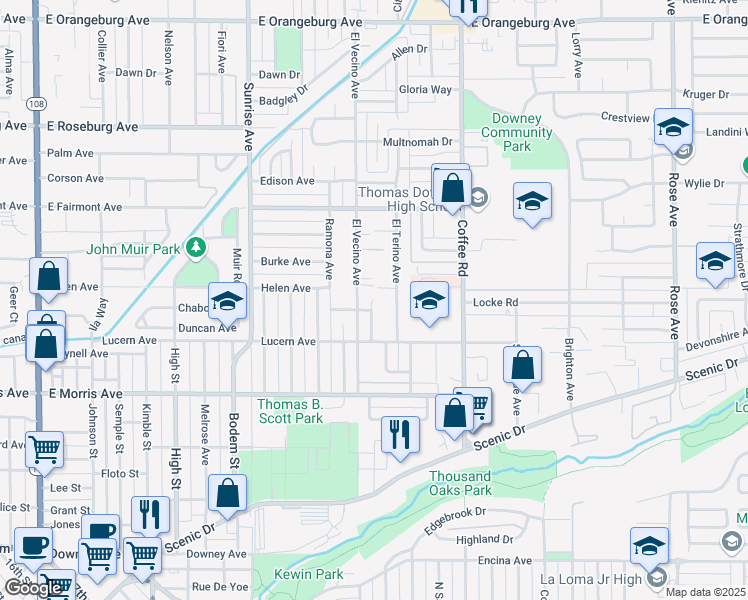 map of restaurants, bars, coffee shops, grocery stores, and more near 724 El Camino Avenue in Modesto