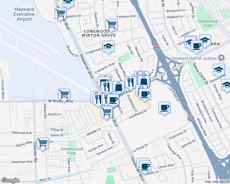 map of restaurants, bars, coffee shops, grocery stores, and more near 23890 Wright Drive in Hayward