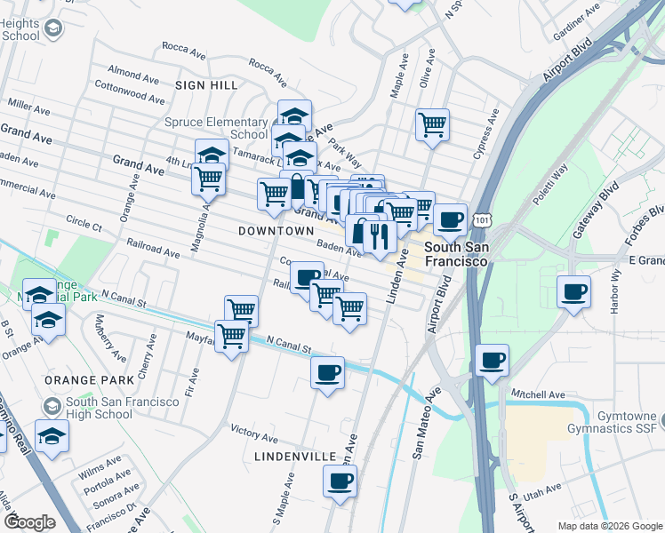 map of restaurants, bars, coffee shops, grocery stores, and more near 412 Commercial Avenue in South San Francisco