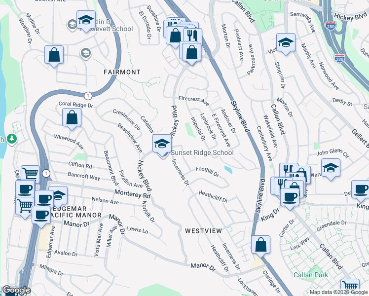 map of restaurants, bars, coffee shops, grocery stores, and more near 315 Horizon Way in Pacifica