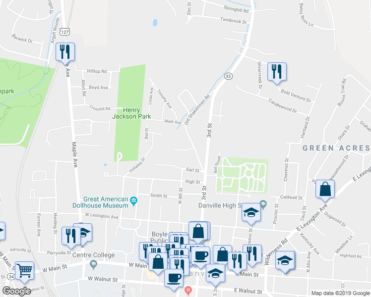 map of restaurants, bars, coffee shops, grocery stores, and more near 351 Holtzclaw Street in Danville