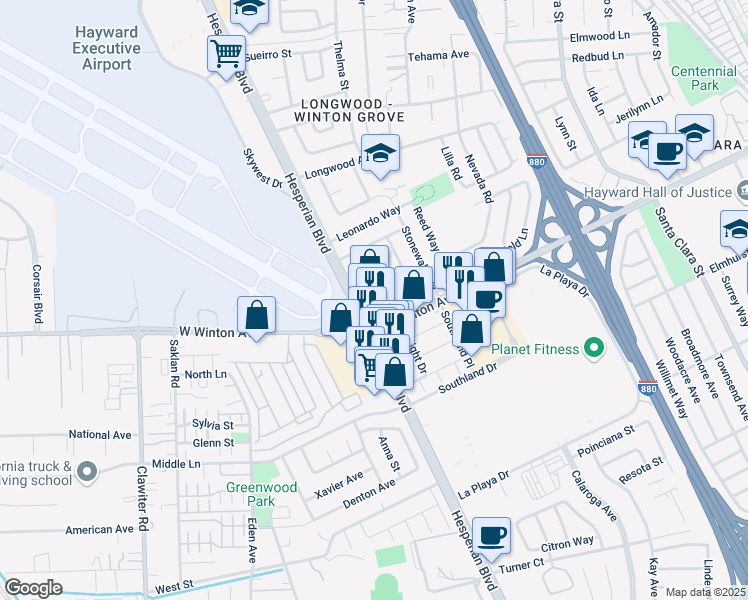 map of restaurants, bars, coffee shops, grocery stores, and more near 1748 Dove Ct in Hayward