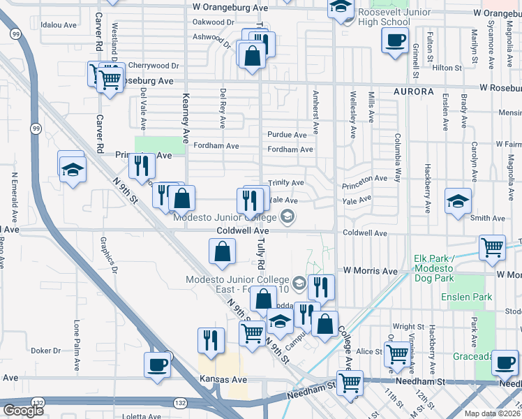 map of restaurants, bars, coffee shops, grocery stores, and more near in Modesto