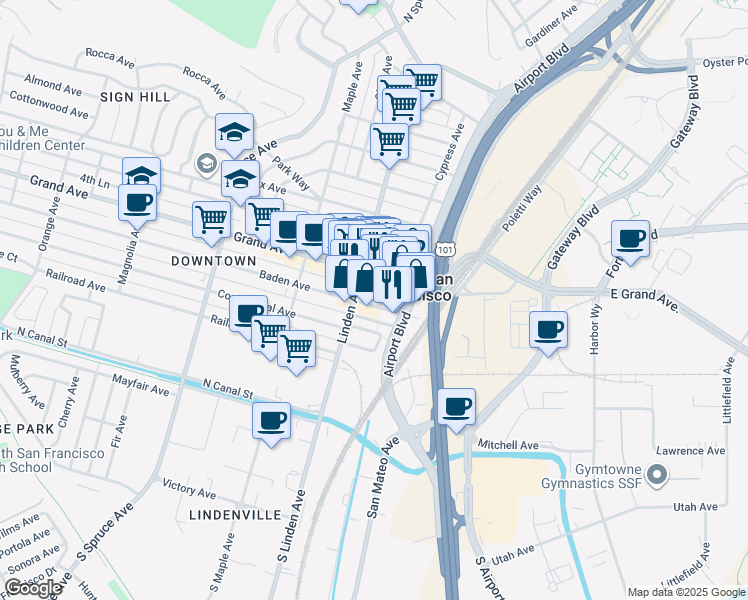 map of restaurants, bars, coffee shops, grocery stores, and more near 207 Grand Avenue in South San Francisco