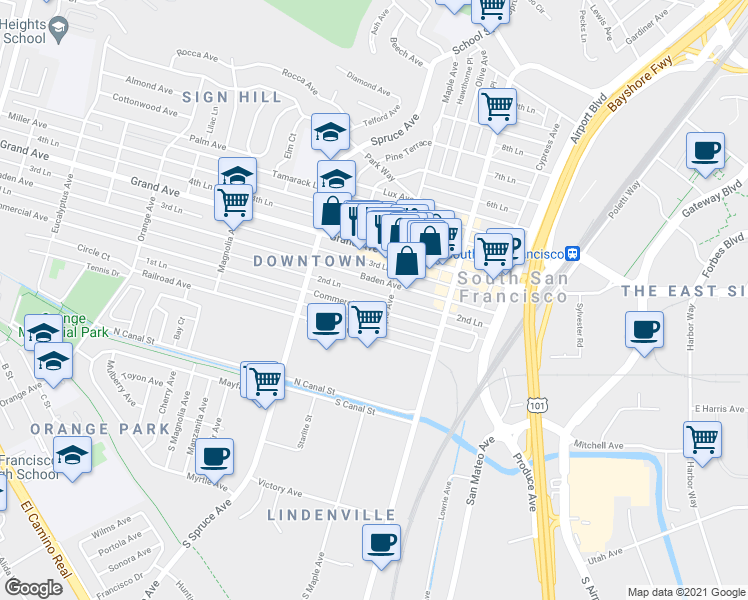 map of restaurants, bars, coffee shops, grocery stores, and more near 408 2nd Lane in South San Francisco