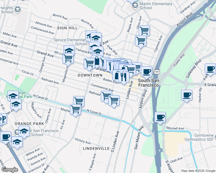 map of restaurants, bars, coffee shops, grocery stores, and more near 408 2nd Lane in South San Francisco