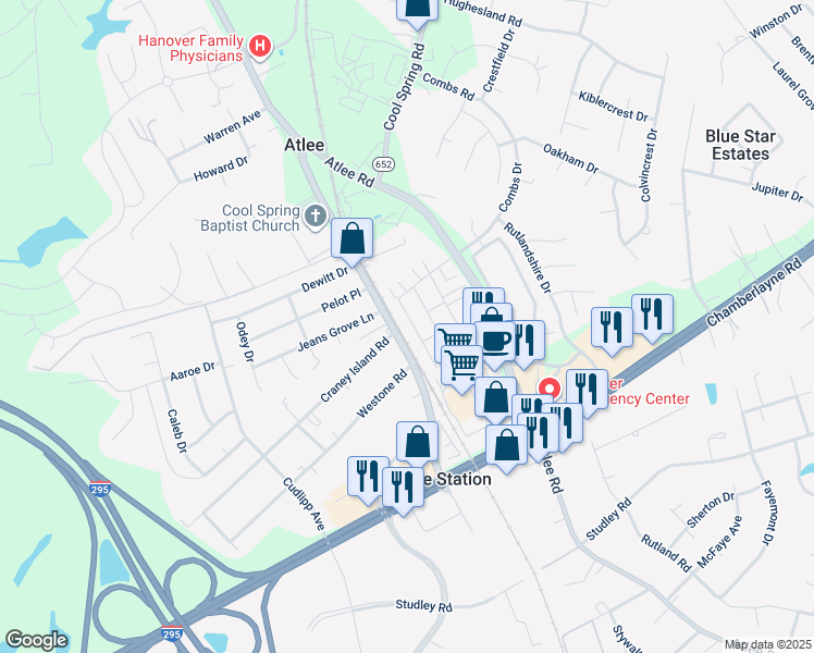 map of restaurants, bars, coffee shops, grocery stores, and more near 8065 Rutland Village Drive in Mechanicsville