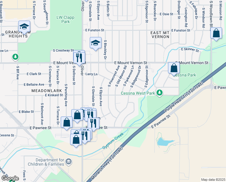 map of restaurants, bars, coffee shops, grocery stores, and more near 2152 South Pinecrest Street in Wichita
