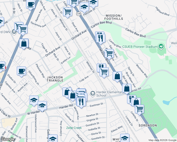 map of restaurants, bars, coffee shops, grocery stores, and more near 25455 Whitman Street in Hayward