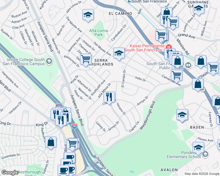 map of restaurants, bars, coffee shops, grocery stores, and more near 219 Alta Mesa Drive in South San Francisco