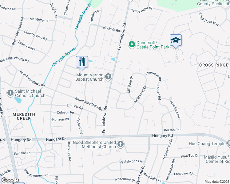 map of restaurants, bars, coffee shops, grocery stores, and more near 4704 Candlelight Place in Glen Allen