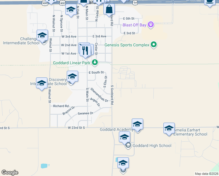 map of restaurants, bars, coffee shops, grocery stores, and more near 308 South Elm Street in Goddard