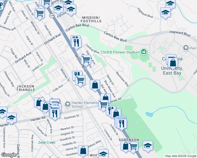 map of restaurants, bars, coffee shops, grocery stores, and more near 963 Devon Drive in Hayward