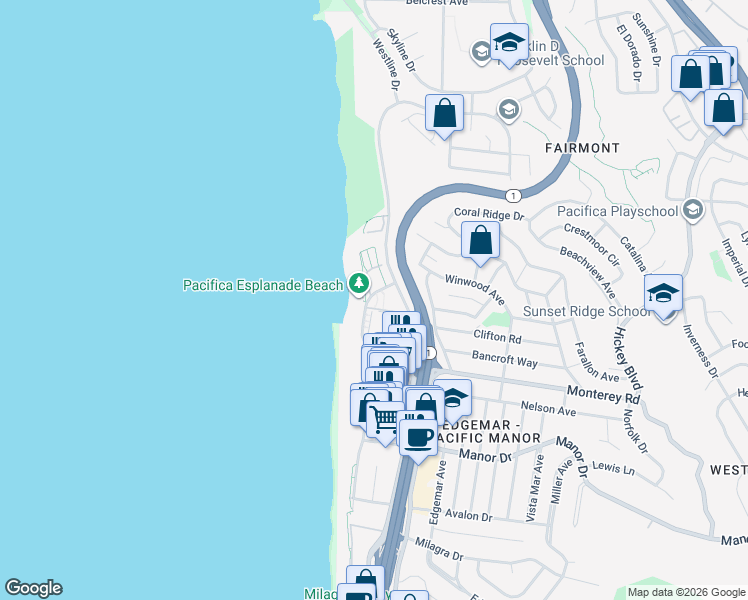 map of restaurants, bars, coffee shops, grocery stores, and more near 2 Esplanade Avenue in Pacifica