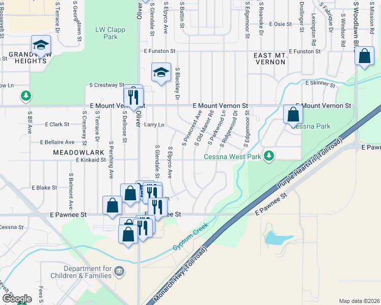 map of restaurants, bars, coffee shops, grocery stores, and more near 2152 South Pinecrest Street in Wichita
