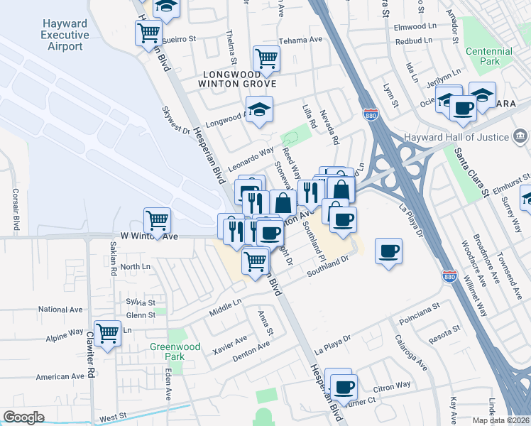 map of restaurants, bars, coffee shops, grocery stores, and more near 23875 Wright Drive in Hayward